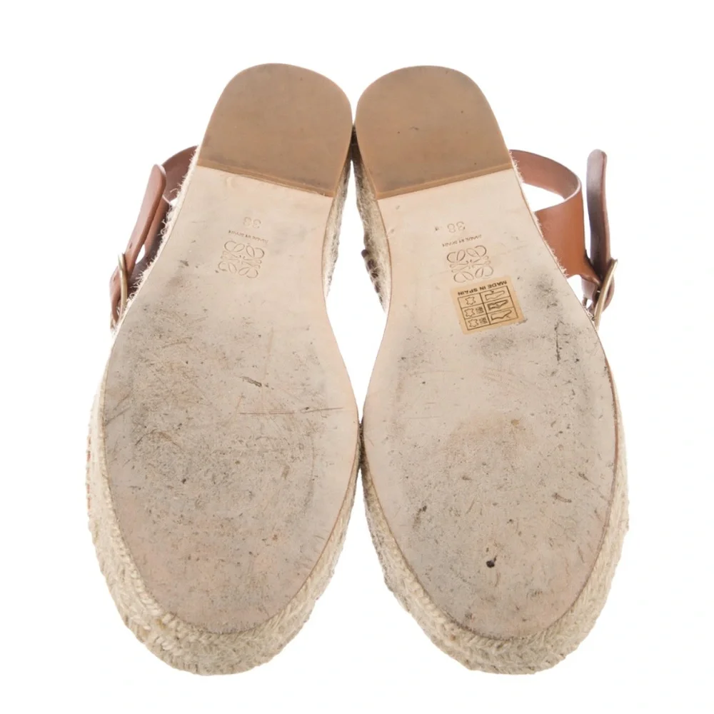 Loewe White & Blue Leather Espadrille Sandals with Tan Ankle Strap